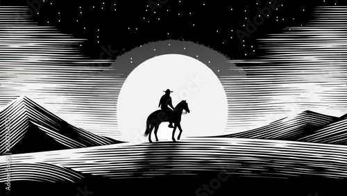 Silhouette of a cowboy riding a horse under a full moon in a stylized western landscape illustration