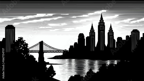 Silhouette of a city skyline with a bridge over water and trees in the foreground under a striped sky