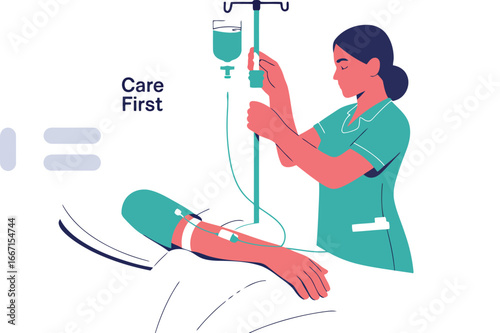 Nurse administering intravenous fluid therapy to a patient vector