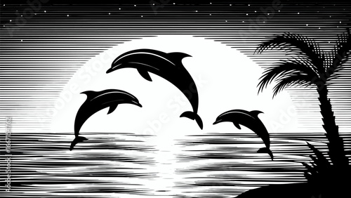 Three dolphins jumping in the ocean at sunset with a palm tree in a black and white woodcut style art silhouette