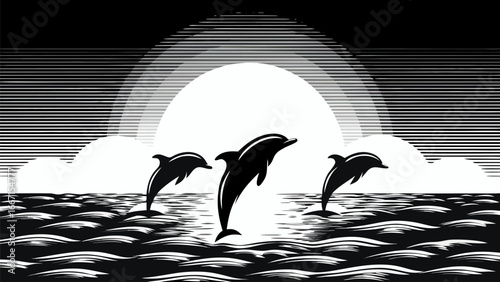 Three dolphins leaping from the ocean waves under a striped sky in a black and white illustration style silhouette