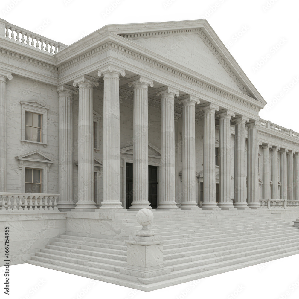 Obraz premium Neoclassical government building facade with columns and steps isolated on transparent background