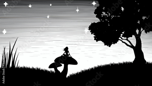 Silhouette of a woman sitting on a mushroom under a starry sky with a tree and grass in the foreground