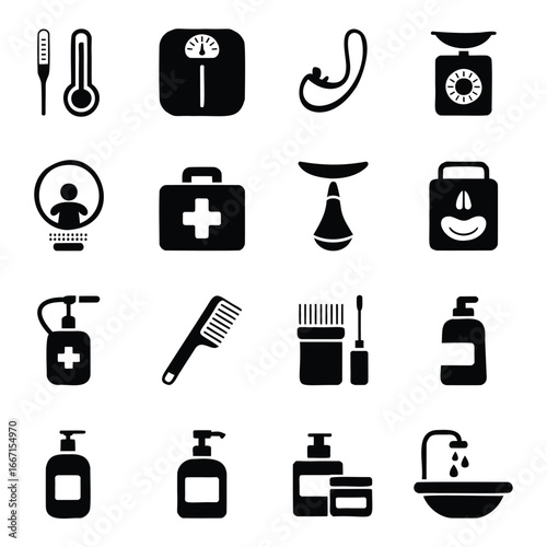 Collection of Black and White Healthcare and Hygiene Icons for Medical Wellness and Personal Care Needs