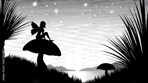 Silhouette of fairy sitting on mushroom under starry sky with plants and distant mountains landscape scene