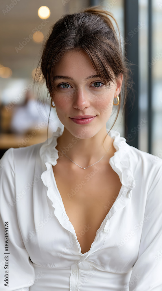 Fototapeta premium Brunette woman in white blouse with soft smile, sitting by the window indoors with natural light