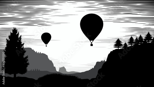 Two hot air balloons float over a mountain landscape with trees and a horizontally lined sky design silhouette
