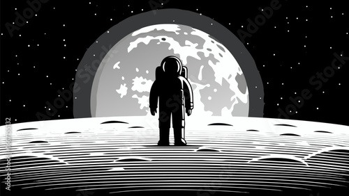 Astronaut silhouette stands on a lunar surface with a large moon and stars in the background illustration