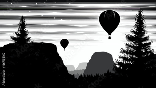 Black and white landscape with hot air balloons, trees, mountains, and a striped sky at night scene design silhouette