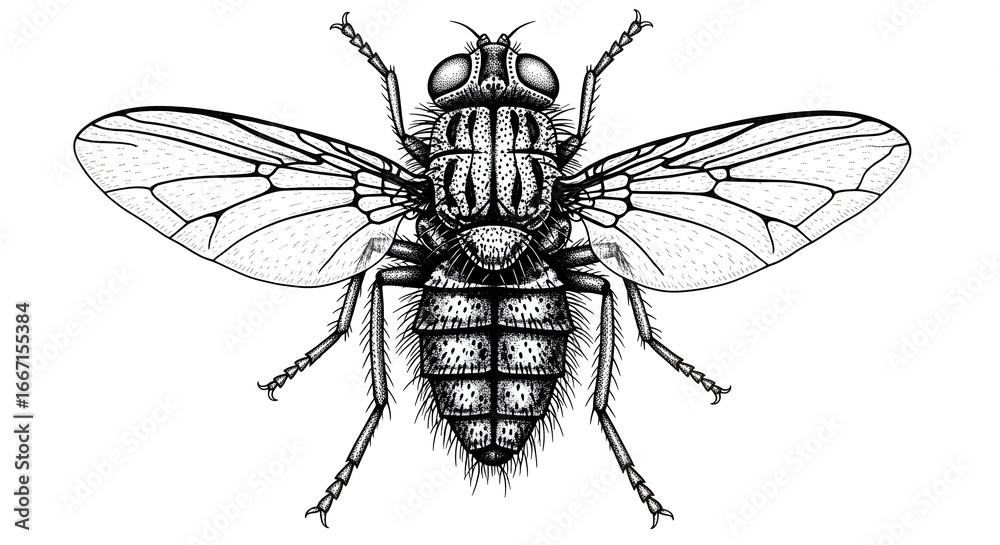 Obraz premium Intricate Pen-and-Ink Fly Illustration — Detailed Entomological Line Drawing of a Realistic Housefly with Textured Wings and Segmental Body (Scientific Style Insect Engraving)