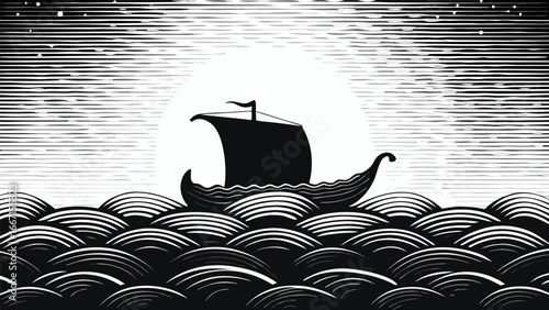 Illustration of a ship sailing on stylized waves under a striped sky with a bright light source silhouette