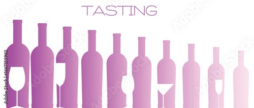 Wine tasting, poster horizontal format, wine bar, alcohol menu, restaurant banner, sommelier. Party design, drinks, wine bottle collection, glasses, flat design, red wine, white, cabernet, sangria