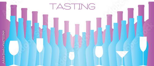 Restaurant poster, wine bottle collection, glasses, flat style, gradient, wine bar banner. Flyer wine tasting, wine sale, red wine, white, merlot, chardonnay, cabernet, drink party, festival, booze