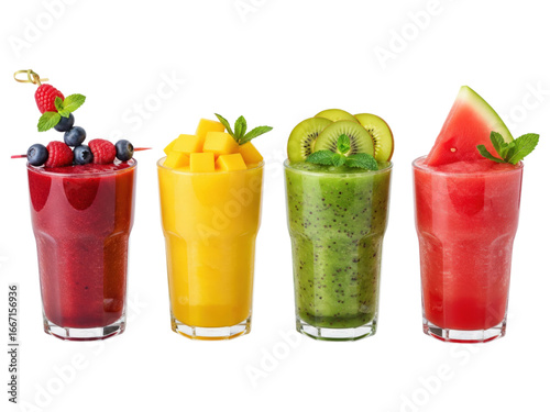 Colorful fruit smoothies four glasses transparent background