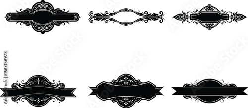 Vector art of assortment of six vintage decorative dividers and ornamental elements featuring elaborate scrollwork and filigree