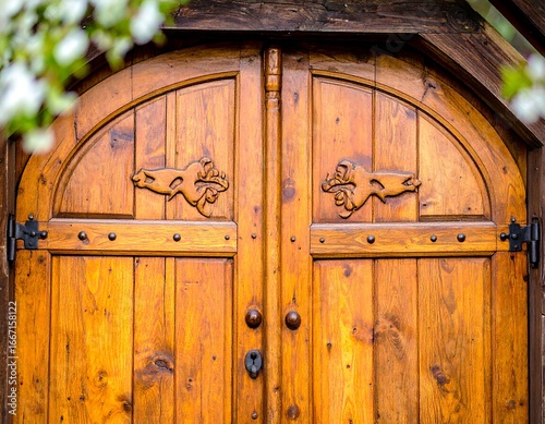 Artisanal crafted wooden door showcasing intricate details and warm golden hues reflecting