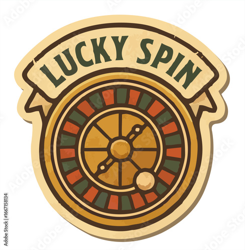 "Vintage roulette wheel sticker with green banner and bold text 'Lucky Spin' on a beige background."