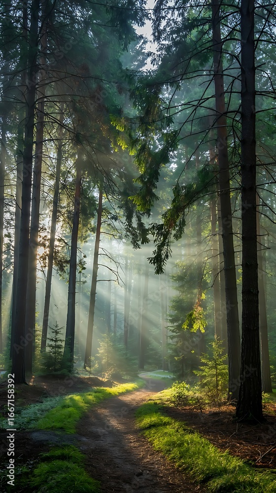 Fototapeta premium Serene Foggy Forest with Tall Pine Trees, Sunlight Rays Filtering Through Mist, High-Resolution Vertical Nature Landscape Wallpaper