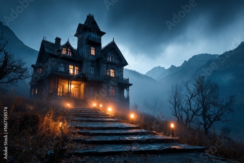 Spooky victorian haunted house on a hill at twilight with glowing lights illuminating the stairway