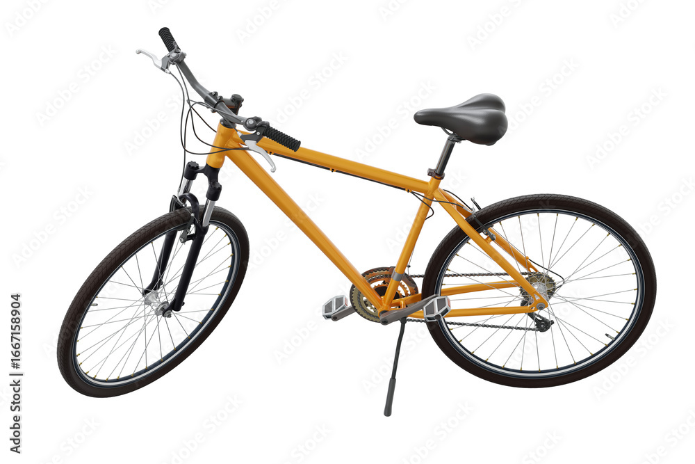 Obraz premium Orange bicycle standing while leaning on kickstand, side view. Bike resting on kick stand isolated on white background, 3D illustration