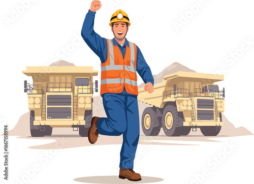 Vector, illustration, miner, happy, jumping, mining truck, poster, background, worker