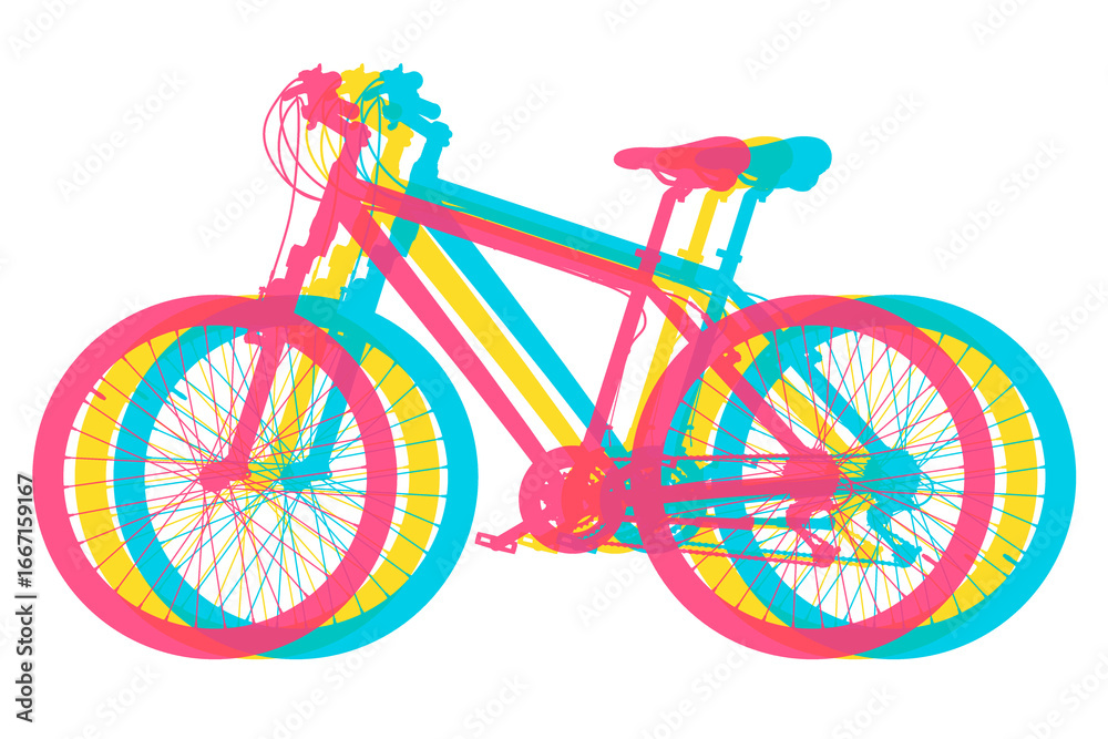 Fototapeta premium Bicycle in three colors. Mountain sport bike graphic design for shop poster, competition flyer, scrapbooking. 3D illustration isolated on white background