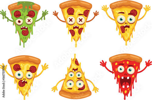 Scary funny zombie pizza cartoon slices, creepy food monster vector illustration set