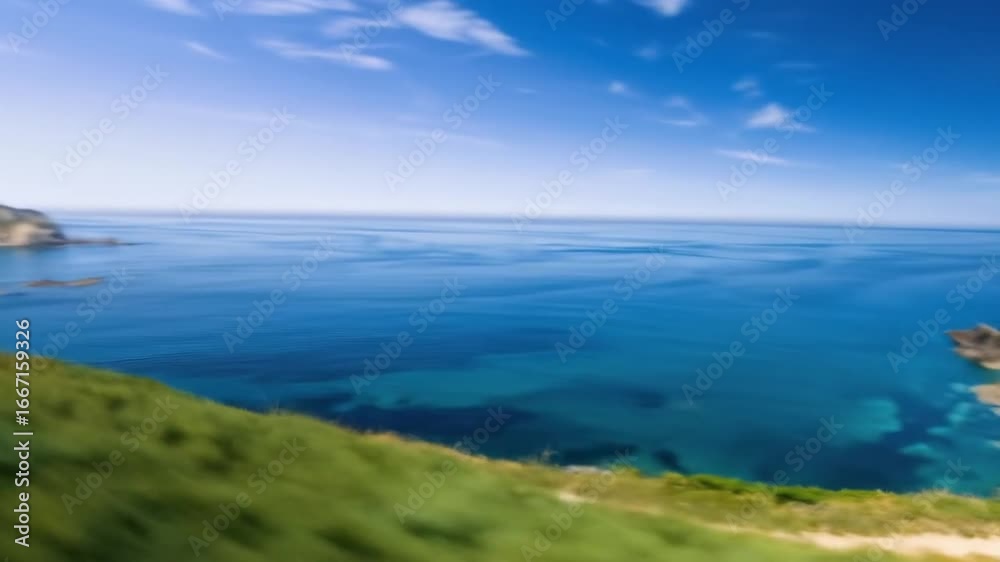 Scenic shot of sea and rocks, with a sunny sky. View includes land with vegetation and sand Scenic shot of sea and rocks, with a sunny sky. View includes land with vegetation and sand