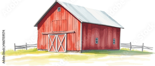 Watercolor vector illustration of a red barn.