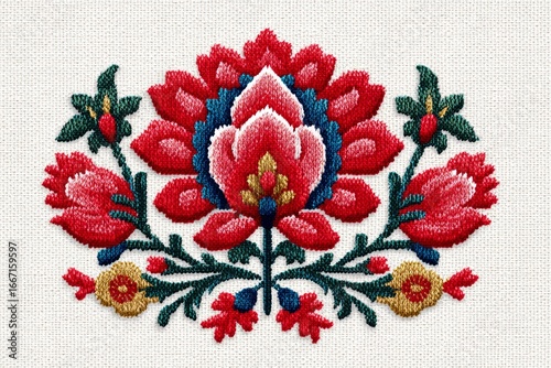 Close-up of a vibrant floral cross-stitch embroidery, showcasing traditional craftsmanship and intricate needlework