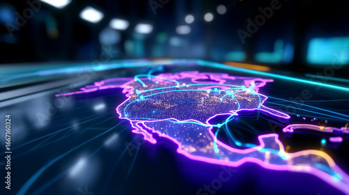 Interactive control center featuring a vibrant map of North America with glowing network connections. High-tech environment with a focus on data visualization