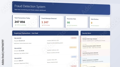 Fraud detection dashboard with security alerts and suspicious transaction monitoring interface