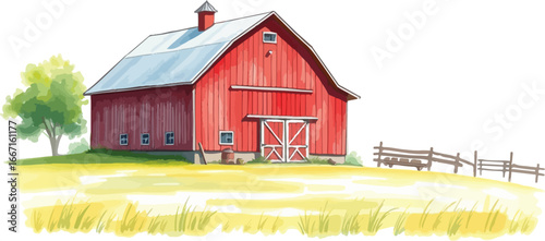 Watercolor vector illustration of a red barn.
