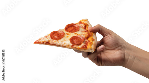 Hand Holding Pepperoni Pizza Slice isolated on a Transparent Background