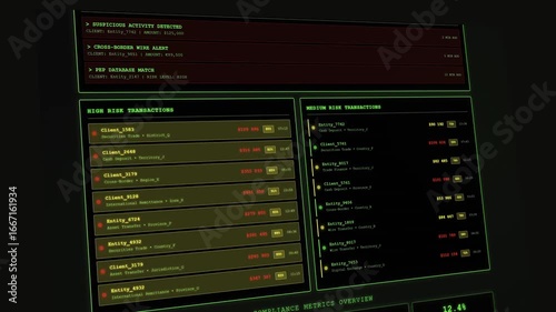 KYC AML transaction monitoring dashboard with real-time compliance alerts and risk assessment interface