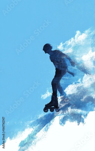 Vibrant Roller Skater Against Cloudy Blue Background