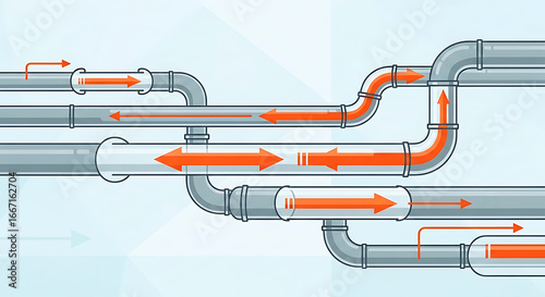 Complex network of pipes with orange arrows indicating fluid flow, representing industrial systems, transportation, and engineering processes in a clean, modern illustration