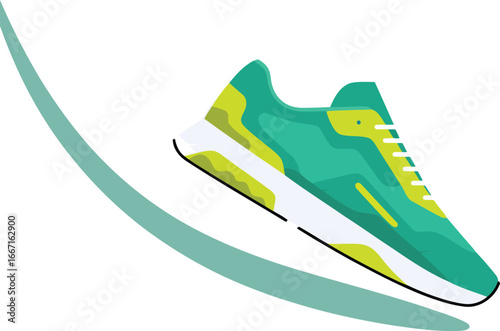 Teal and yellow athletic shoe with flowing green accents footwear