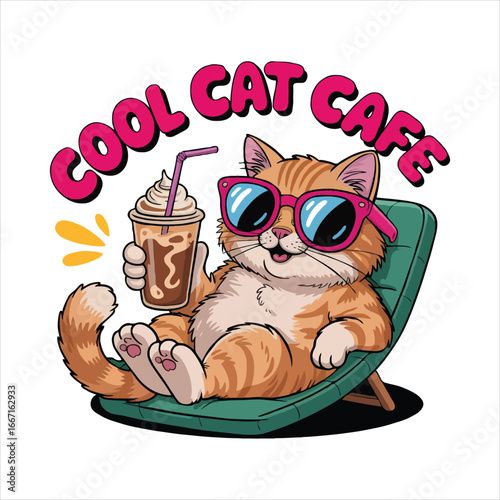 Cool cat cafe fun orange cat relaxing with drink and sunglasses vector