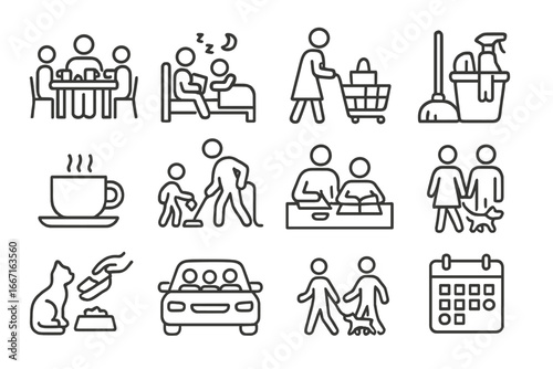 Family evening icon laundry grocery shopping calendar icons everyday bedtime chores vector
