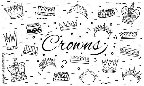 Black and white doodle illustration with various stylized crowns and decorative elements. Suitable for postcards, invitations or decorative elements.