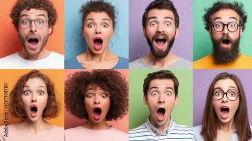 A collection of diverse individuals showcases genuine expressions of surprise and excitement against vibrant backgrounds. Each face reflects joy and astonishment in this lively setting.