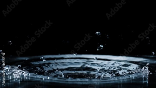 A series of water droplets fall onto a surface, forming stunning splashes and rings as they hit. The dark background highlights the beauty and motion of the liquid in this captivating display.