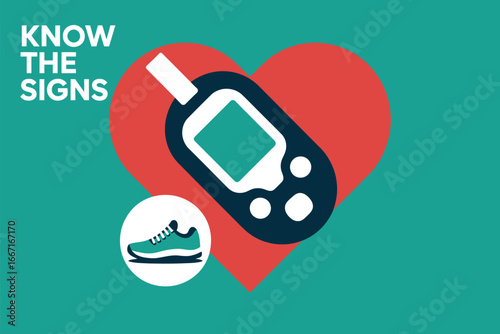 A graphic showing a blood glucose meter, a heart, and a sneaker on a teal background with text above
