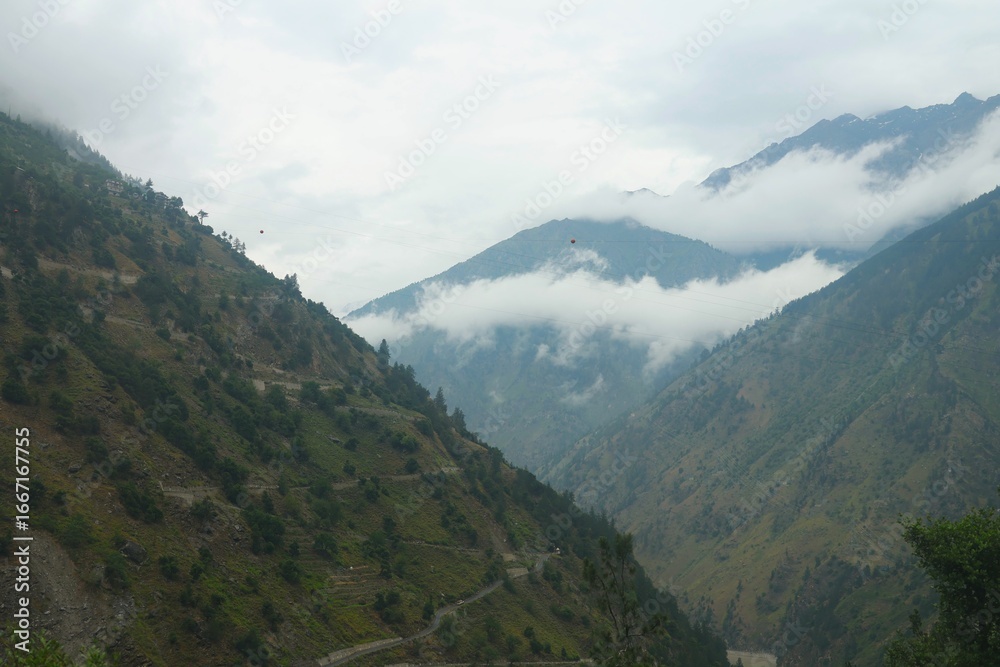 Fototapeta premium A serene view of mist-covered mountains with clouds gently resting on the slopes, creating a peaceful and atmospheric landscape. 