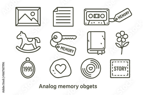 Diary objects iconic heart tag key flower patch pressed vector label memory