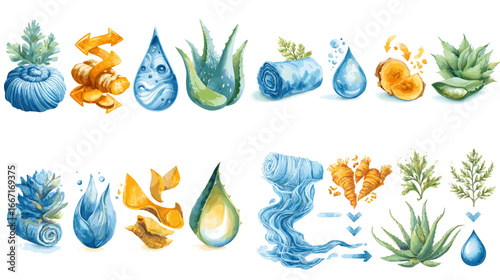 Hand-painted watercolor icons of aloe, herbs, and natural ingredients with water elements. Perfect for organic cosmetics, skincare, and wellness branding.
