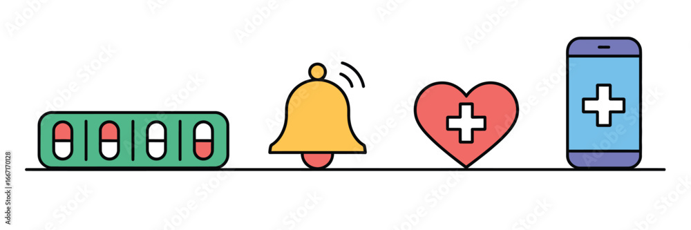 Obraz premium Illustration of medication pills reminder bell heart and smartphone with health cross symbol on screen