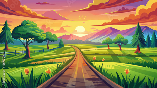  very Beautiful Road through a green field landscape scene at sunset, colorful summer vector nature illustration 