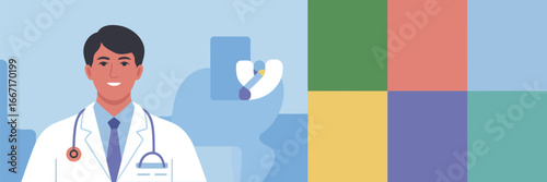 Free Download A cartoon doctor with a stethoscope stands in front of a colorful background with a medical logo icon design - GFXLoad